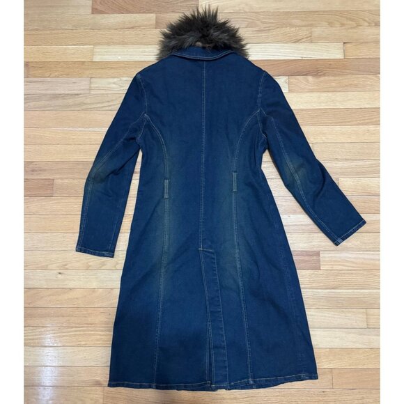 MIXIT Women’s Denim Long Coat Size 6 Faux Fur Collar Vintage Y2K Stretch - Picture 2 of 10